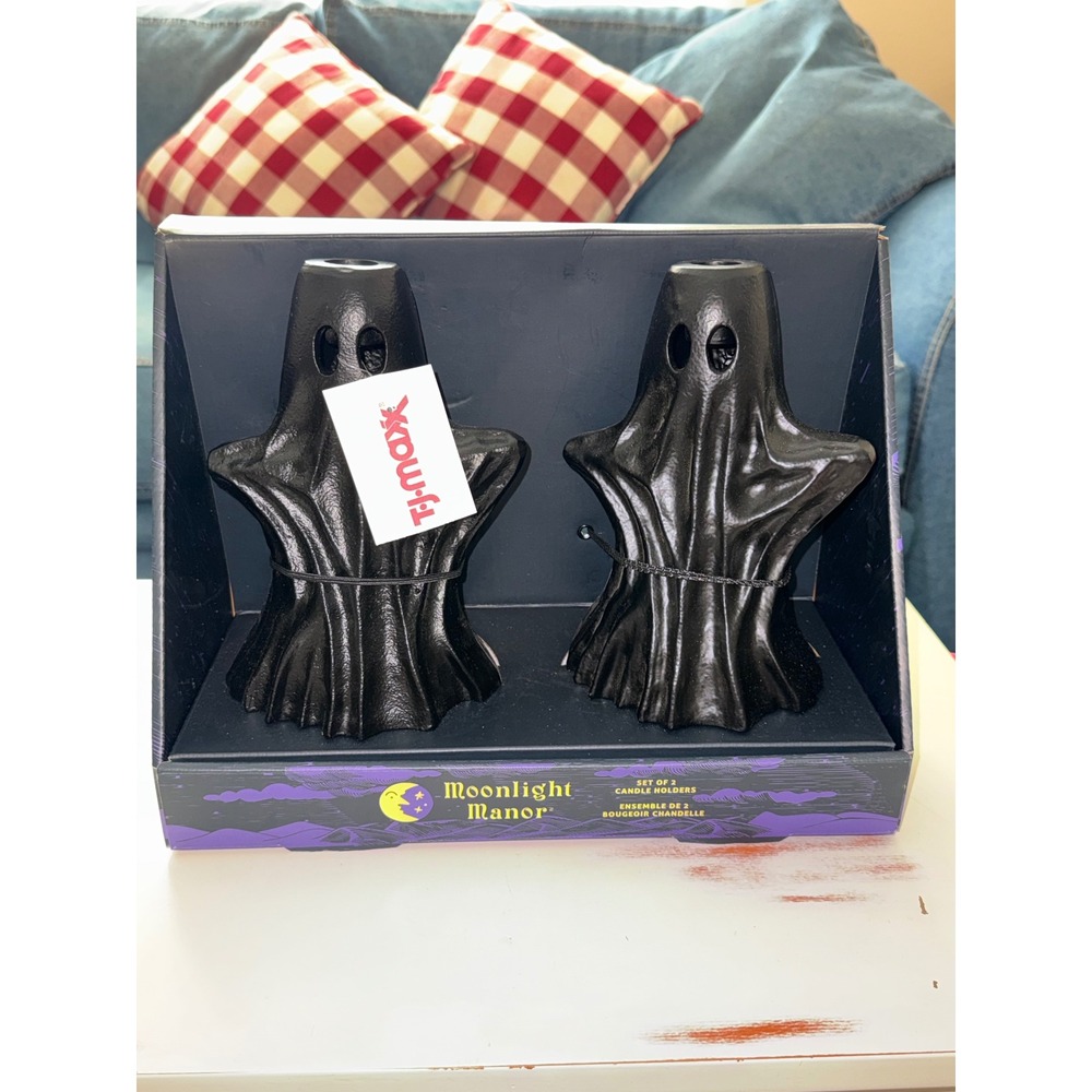 Moonlight Manor Black Ghost Taper Candle Holder Set of 2 Halloween Decor Metal